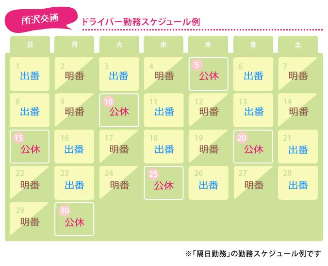 「隔日勤務」の勤務スケジュール例